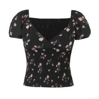 Women Summer V-Neck Puff Sleeve Rose Floral Print Smocked Waist Crop Top Sexy Slim Fit Polyester Streetwear Short Sleeve T-Shirt Top