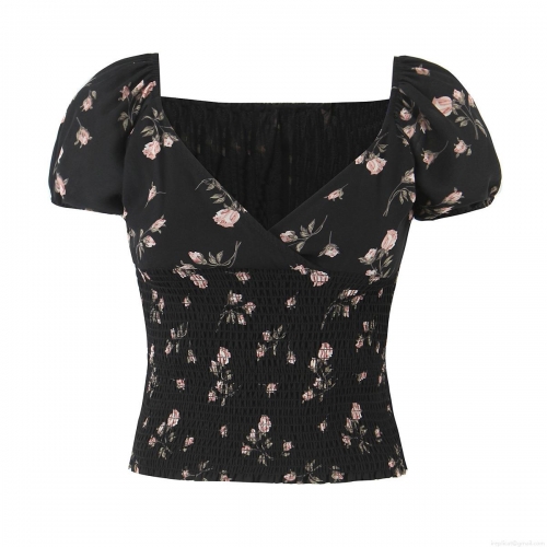 Women Summer V-Neck Puff Sleeve Rose Floral Print Smocked Waist Crop Top Sexy Slim Fit Polyester Streetwear Short Sleeve T-Shirt Top