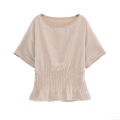 Women's Round Neck Short Sleeve T-Shirt Mercerized Cotton Mesh Patchwork Waist-Cinched Smocking Top Elegant Solid Color Summer Casual Streetwear Tee