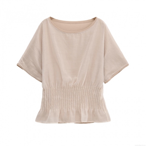 Women's Round Neck Short Sleeve T-Shirt Mercerized Cotton Mesh Patchwork Waist-Cinched Smocking Top Elegant Solid Color Summer Casual Streetwear Tee