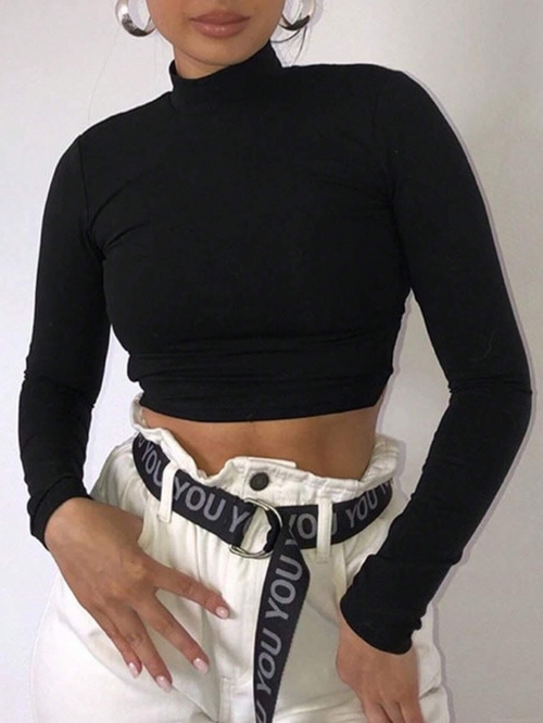 Women Sexy Backless Long Sleeve T-Shirt High Neck Slim Fit Cropped Top With Cross Tie Back Solid Color Polyester Blend Clubwear Party Streetwear Tee For Women