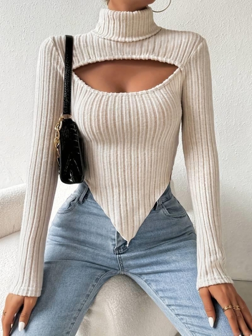 Sexy Cutout Mock Neck Ribbed Knit Top Women Irregular Hem Long Sleeve Slim Fit Solid Color Crop T-Shirt Elegant Party Streetwear Sexy Cutout Mock Neck Ribbed Knit Top Women Irregular Hem Long Sleeve Slim Fit Solid Color Crop T-Shirt Elegant Party Streetwear
