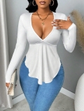 Women's Sexy Backless T-Shirt Long Sleeve V-Neck Slim Fit Top With Irregular Hem Polyester Elastane Cross Strap Open Back Shirt For Party Clubwear