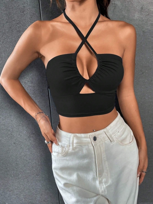Sexy Halter Neck Crop Top For Women Criss-cross Cutout Backless Camisole Polyester Spandex Slim Fit Summer Streetwear Party Clubwear Date Night Solid Black Sleeveless Top Sexy Halter Neck Crop Top For Women Criss-cross Cutout Backless Camisole Polyester Spandex Slim Fit Summer Streetwear Party Clubwear Date Night Solid Black Sleeveless Top