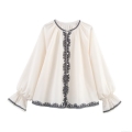 Women's Summer European Style Round Neck Long Sleeve Embroidery Contrast Blouse Off-White Polyester Linen Blend Button Up Shirt Casual Loose Top For Women
