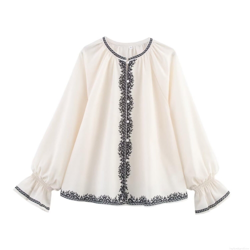 Women's Summer European Style Round Neck Long Sleeve Embroidery Contrast Blouse Off-White Polyester Linen Blend Button Up Shirt Casual Loose Top For Women