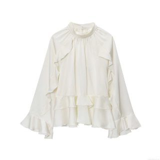 Women's Stand Collar Ruffle Trim Long Flare Sleeve Satin Blouse Elegant Solid Color Office Work Shirt Streetwear Pullover Top