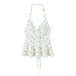 Women's Halter Neck Backless Camisole Top Polyester Blend Blueberry Print V-Neck Ruffle Hem Tie-Up Summer Beach Vacation Sleeveless Blouse Women's Halter Neck Backless Camisole Top Polyester Blend Blueberry Print V-Neck Ruffle Hem Tie-Up Summer Beach Vacation Sleeveless Blouse