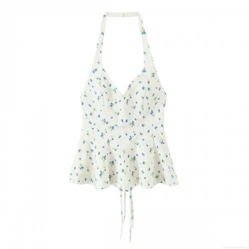 Women's Halter Neck Backless Camisole Top Polyester Blend Blueberry Print V-Neck Ruffle Hem Tie-Up Summer Beach Vacation Sleeveless Blouse