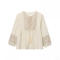 Bohemian Women's Blouse Round Neck Long Sleeve Crochet Lace Hollow Out Top Cotton Linen Blend Tassel Tie Shirt Casual Boho Style Summer Apparel