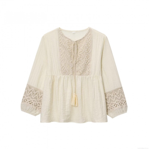 Bohemian Women's Blouse Round Neck Long Sleeve Crochet Lace Hollow Out Top Cotton Linen Blend Tassel Tie Shirt Casual Boho Style Summer Apparel