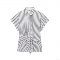 Women's Summer Vertical Striped Short Sleeve Shirt Front Tie Knot Lapel Blouse Casual Cotton Linen Texture Top Streetwear Style Single Breasted Shirt for Women