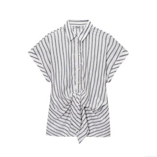 Women's Summer Vertical Striped Short Sleeve Shirt Front Tie Knot Lapel Blouse Casual Cotton Linen Texture Top Streetwear Style Single Breasted Shirt for Women