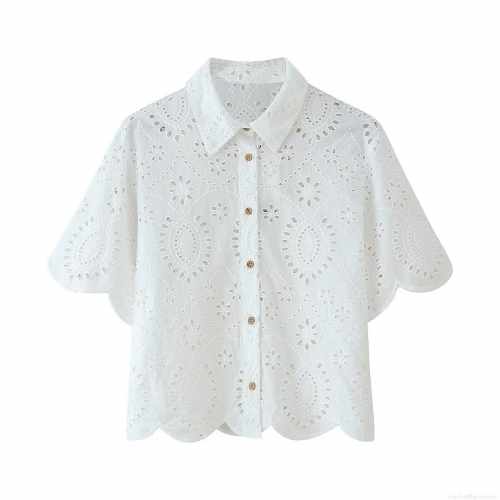 Women Short Sleeve Hollow Embroidery Blouse Lapel Scalloped Hem Button Down Top European Street Style Polyester Cotton Summer White Shirt