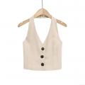 Women Halter Neck Smocked Back Vest Top Sleeveless V Neck Button Down Solid Color Polyester Linen Look Tank Top For Summer Casual Streetwear