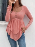 Women Long Sleeve Peplum Top Polyester Rayon Spandex Round Neck With Decorative Buttons Casual Slim Fit Ruffle Hem Solid Color Fashion T-Shirt For Women
