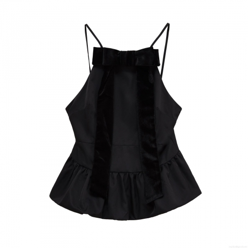 Women's Summer Black Velvet Bow Camisole Top Elegant Ruffle Hem Peplum Tank Top Backless Slim Fit Sleeveless Cami Top For Party Streetwear