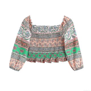 Women's Square Neck Long Sleeve Smocking Crop Top Bohemian Floral Print Polyester Blouse Ruffle Hem Casual Street Style Top