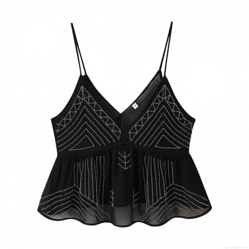 Women's V-Neck Spaghetti Strap Camisole Top Beaded Sequin Embroidery Ruffle Hem Chiffon Polyester Sleeveless Tank Top Summer Party Streetwear