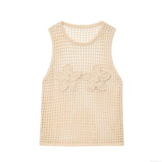 Women Crochet Knitted Tank Top Hollow Out Mesh Sleeveless Vest With 3D Flower Applique Boho Style Round Neck Summer Streetwear Casual Top