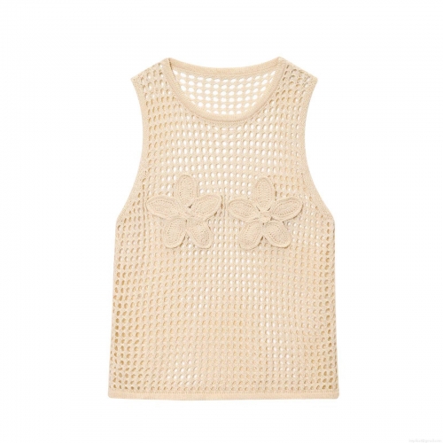 Women Crochet Knitted Tank Top Hollow Out Mesh Sleeveless Vest With 3D Flower Applique Boho Style Round Neck Summer Streetwear Casual Top