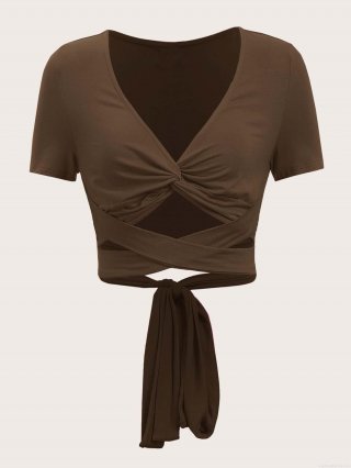 Women's Sexy Knit Crop Top V Neck Twist Front Cut Out Cross Waist Tie Short Sleeve Slim Fit Cotton Blend T-Shirt Summer Solid Color Tee