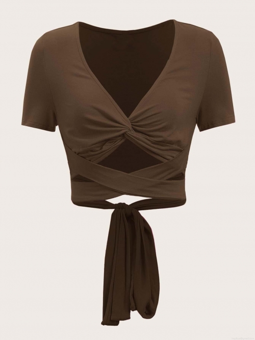 Women's Sexy Knit Crop Top V Neck Twist Front Cut Out Cross Waist Tie Short Sleeve Slim Fit Cotton Blend T-Shirt Summer Solid Color Tee