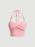 Women Sexy Halter Tank Top Pink Polyester Elastane Twist Front Backless Cami With Rhinestone Heart Metal Chain For Summer Party Vacation Slim Fit Crop Top