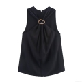 Women's Sleeveless T-Shirt Round Neck Solid Color Top With Irregular Golden Metal Ring Decoration Mid-Length Elegant Streetwear Tank Top For Daily Dating