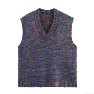 Women's V-Neck Sleeveless Knitted Vest Vintage Multicolor Mixed Yarn Pullover Waistcoat Casual Loose Fit Soft Knitwear Top for Autumn