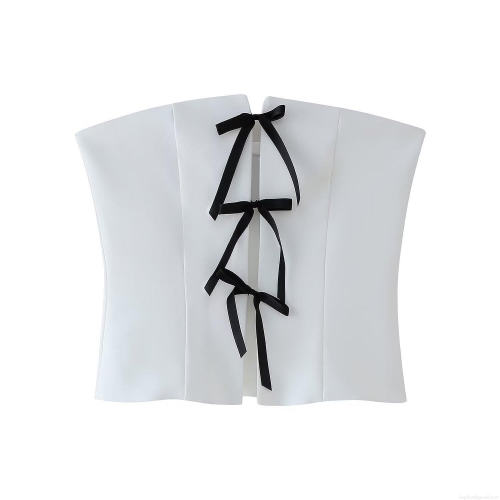 Women's Contrast Bow Decor Tube Top 100% Polyester Strapless Crop Top For Party Streetwear French Style Elegant Slim Fit White Bandeau Camisole Top
