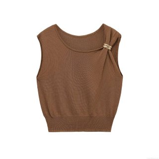 Women's Western Style Round Neck Sleeveless Knit Vest Top With Gold Metal Buckle Decoration Casual Ribbed Hem Solid Color Polyester Tank Top For Women