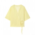 Women Striped V-neck Short Sleeve Kimono Style Shirt Jacket Loose Tie-up Waist Blouse With Bow Detail Light Yellow Polyester Summer Autumn Streetwear Top
