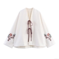 Women Retro Kimono Style Cardigan Jacket Floral Embroidery V-Neck Long Sleeve Lace-Up Polyester Blouse Shirt For Streetwear Vacation