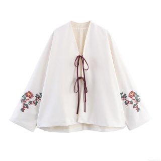 Women Retro Kimono Style Cardigan Jacket Floral Embroidery V-Neck Long Sleeve Lace-Up Polyester Blouse Shirt For Streetwear Vacation