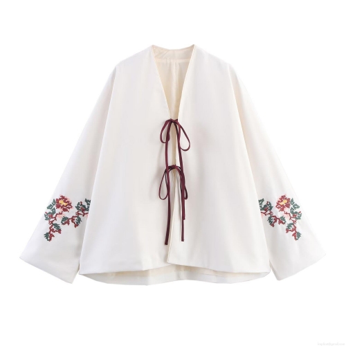 Women Retro Kimono Style Cardigan Jacket Floral Embroidery V-Neck Long Sleeve Lace-Up Polyester Blouse Shirt For Streetwear Vacation