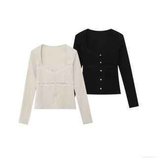 Women's Square Neck Long Sleeve Ribbed Knit T-Shirt Elegant Lace Patchwork Button Decor Slim Fit Stretchy Autumn Fashion Basic Tee Top
