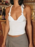 Sexy Halter Neck Backless Ruched Crop Top For Women Solid Color Tie-Up Sleeveless Polyester Spandex Tank Top Summer Vacation Party Wear