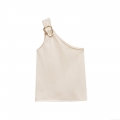 Women's Asymmetrical One Shoulder Knit Tank Top Slim Fit Off White Ribbed Vest With Gold Metal Buckle Sexy Streetwear Sleeveless Top