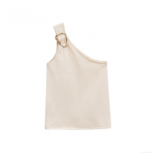 Women's Asymmetrical One Shoulder Knit Tank Top Slim Fit Off White Ribbed Vest With Gold Metal Buckle Sexy Streetwear Sleeveless Top