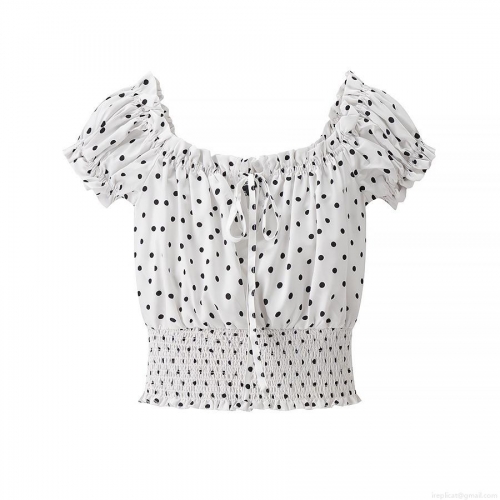 Women's Polka Dot Square Neck Puff Sleeve T-Shirt Polyester Tie-Up Short Top Casual Summer Streetwear Street Style Ladies Short Blouse