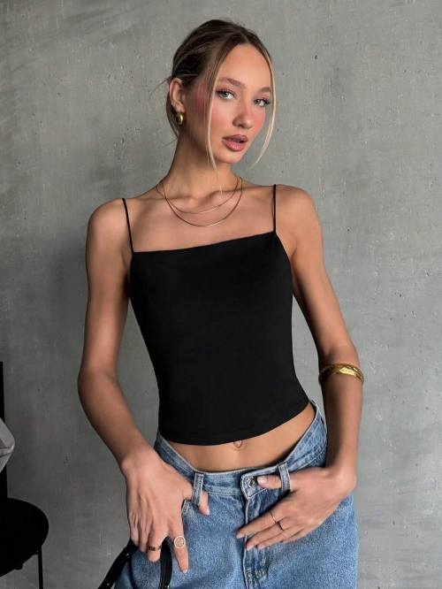 Women's Sexy Backless Spaghetti Strap Tank Top 95% Polyester 5% Elastane Slim Fit Solid Black Cami Top Square Neck Sleeveless Summer Streetwear Clubwear