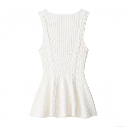 Women's Sleeveless Cable Knit T-Shirt Round Neck Peplum Hem Polyester Knit Top Streetwear Casual Solid Color Slim Fit Vest For Autumn
