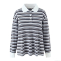 Women's Striped Long Sleeve Polo Shirt Cotton Blend Breathable Contrast Color Lapel Top Casual Streetwear Autumn Fashion Trendy Jifan Style Tee