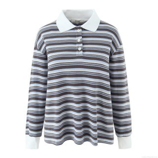 Women's Striped Long Sleeve Polo Shirt Cotton Blend Breathable Contrast Color Lapel Top Casual Streetwear Autumn Fashion Trendy Jifan Style Tee