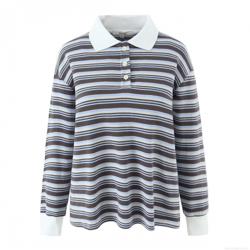 Women's Striped Long Sleeve Polo Shirt Cotton Blend Breathable Contrast Color Lapel Top Casual Streetwear Autumn Fashion Trendy Jifan Style Tee
