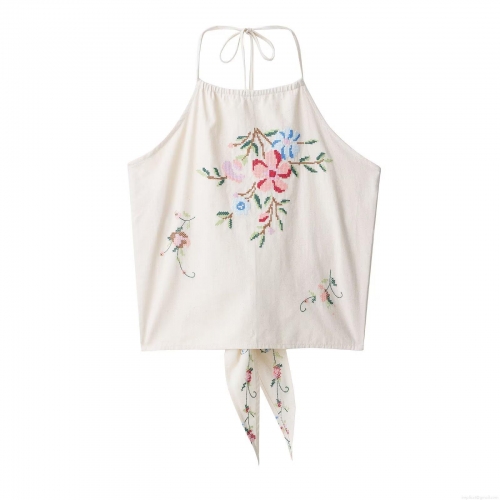 Women Halter Backless Embroidered Camisole Beige Polyester Floral Lace-up Crop Top Summer Streetwear Fashion Western Style Sleeveless Tank Top For Dating Daily