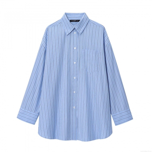 Women's Striped Shirt Polyester Long Sleeve Lapel Single Breasted Loose Top For Daily Streetwear Casual Blouse With Pocket