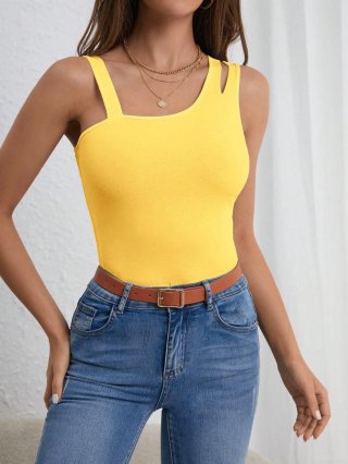 Women's Sexy Asymmetric Ribbed Knit Camisole Vest Cut Out Slim Fit Yellow Tank Top Polyester Elastane Casual Summer Outerwear Women's Sexy Asymmetric Ribbed Knit Camisole Vest Cut Out Slim Fit Yellow Tank Top Polyester Elastane Casual Summer Outerwear