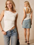 Women Sexy Backless Sleeveless T-Shirt Slant Neck Asymmetric Draped Slim Fit Crop Top Self Tie Summer Party Polyester Elastane Tank Top